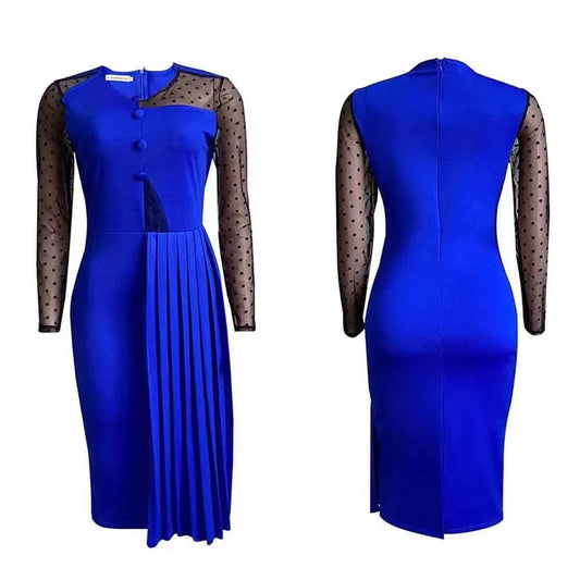 Fashion Mesh Splicing Slim Warp Hip Split Women Office Dress