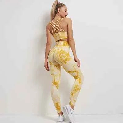 Yoga set Womens Best Selling High Waist Leggings And Bra Top Tie Dye seamless yoga set
