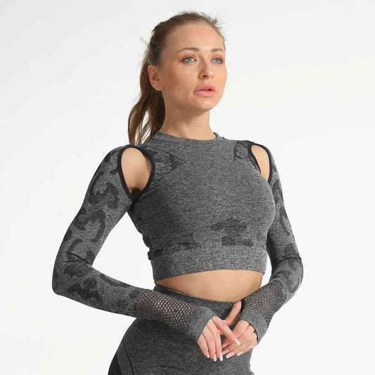 Summer Long Sleeve Crop Top Women Fitness Gym Yoga Sports Camouflage Seamless Breathable Yoga Top