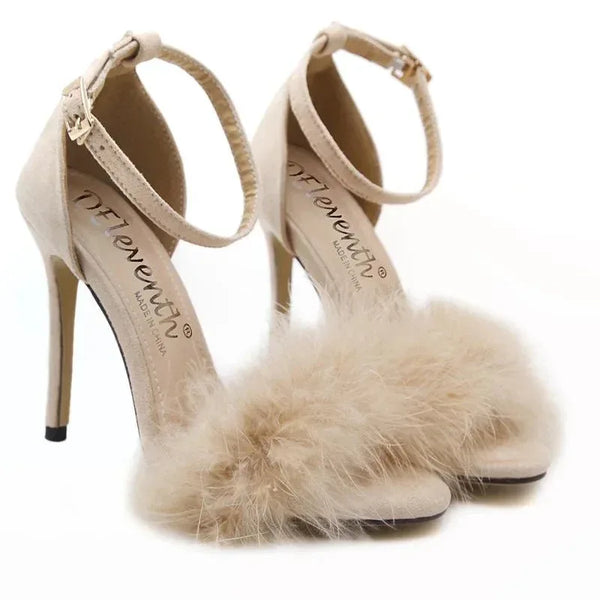 Women's Fashion Shoes: Fashion Fur Roman Cross Strap High Heel Mules - Allen-Fitness