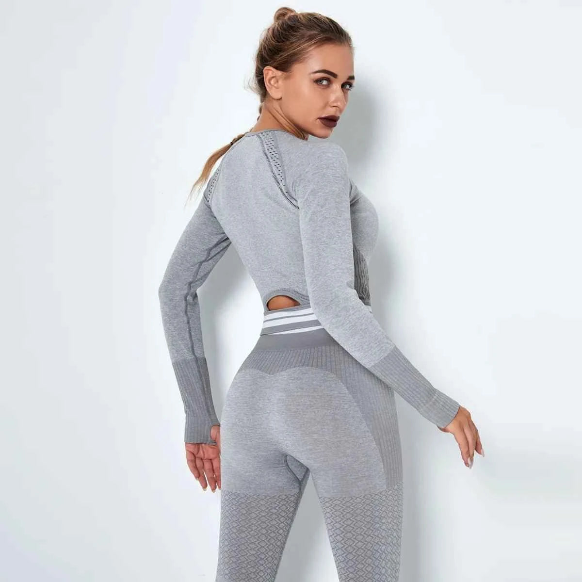 Women's Waist Stripe Seamless Yoga Top for Gym - Long Sleeve Fitness Leggings Shirt