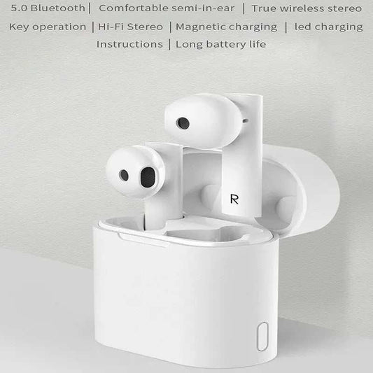 White M6 Bluetooth 5.0 true wireless earbuds in charging case with LED indicator