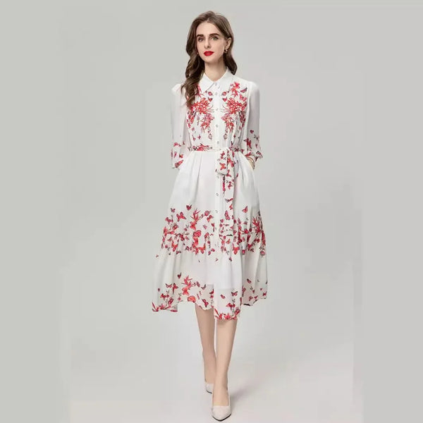Colorful Floral Lace-Up Dress with Beads and Long Sleeves, Ideal for Heavy Industry - Allen-Fitness