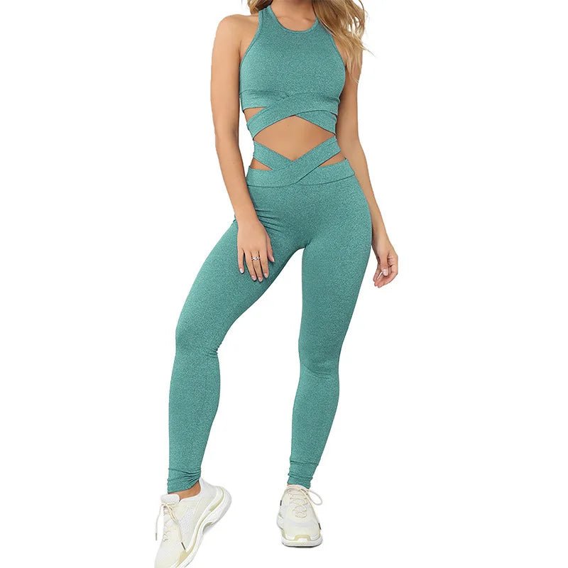 Active Wear High Waist Leggings Sports Bra 2Pcs Set Seamless Yoga Set - Allen - Fitness
