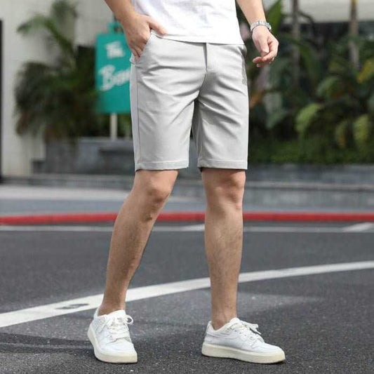 Men's casual gray summer pants with elastic waistband, knee-length and breathable fabric for comfortable wear