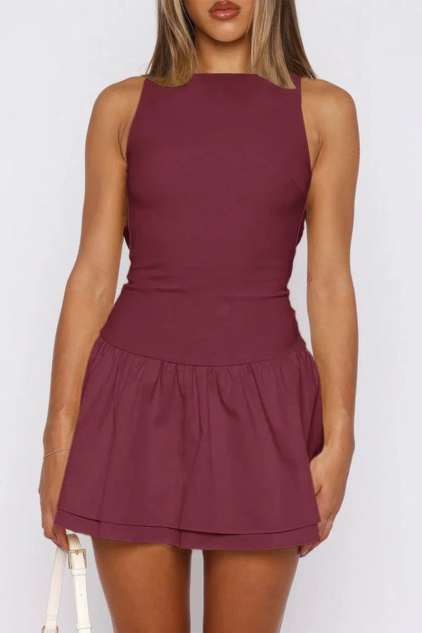 Boat Neck Sleeveless Ruched Ruffle Hem Mini Dress