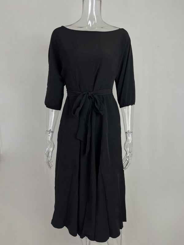 Boat Neck Tie Waist Midi Dress