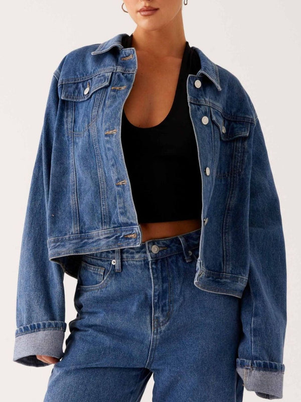 Button Down Cropped Oversized Denim Jacket - Allen Fitness | Running Shoes, Leggings & Activewear UK