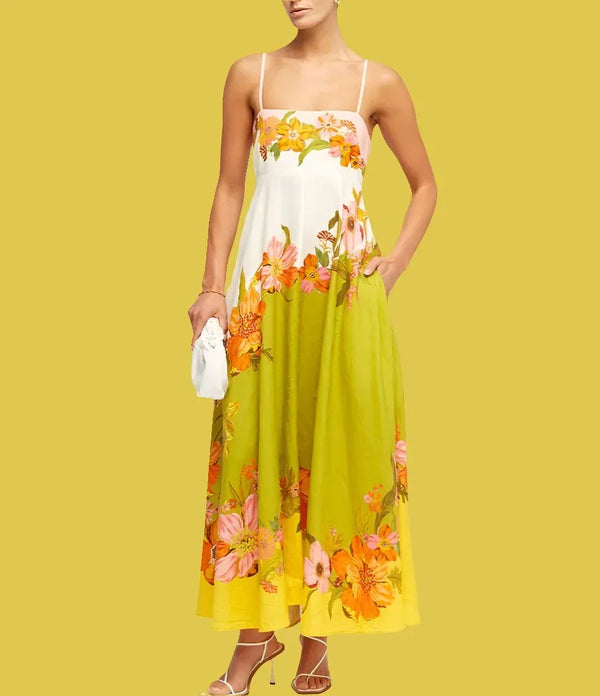 Casual Summer Dress For Women - High Waist Sleeveless Linen Swing Dress in Elegant Print