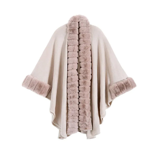 Classic Oversized Knit Coat With Artificial Rabbit Fur Collar - Elegant Pullover Cloak in Monochrome - Allen-Fitness