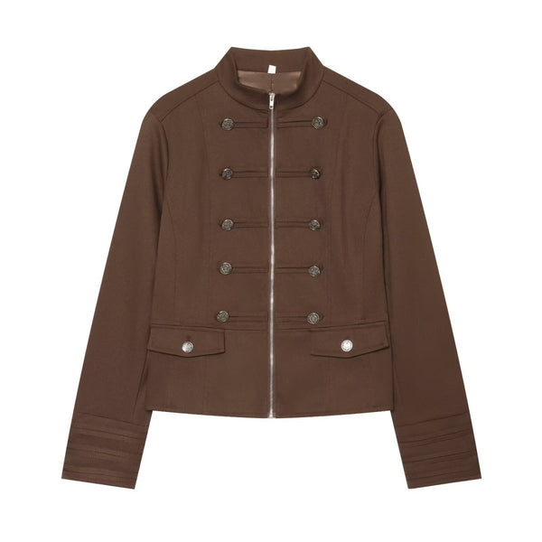 Color blocked zipper stand up collar suit jacket for women