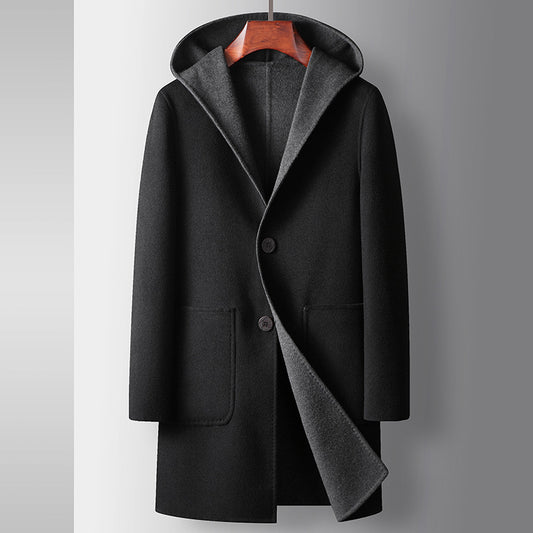 Versatile Mens Mid-Length Wool Coat With A Hood, perfect for urban fashion in khaki color.
