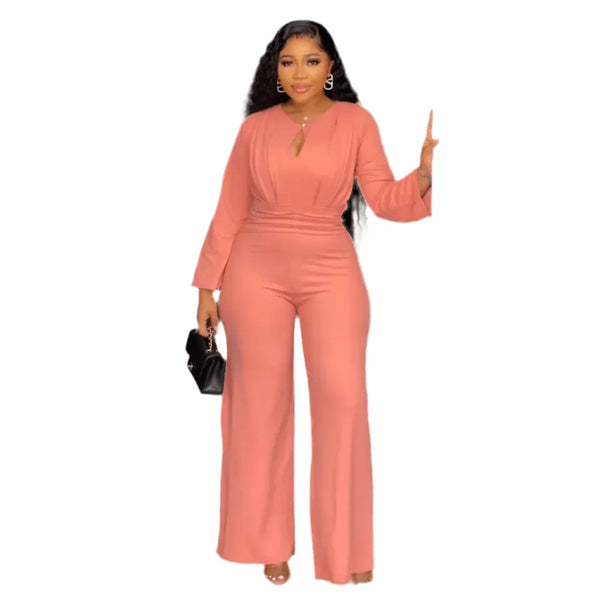 Elegant Jumpsuit For Women - Slim Fit Hollow-Out Design, Cinched Waist, Wide Leg, Long Sleeve