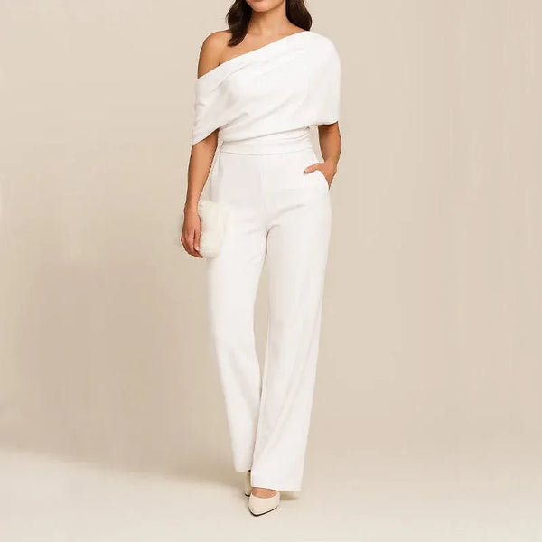 Elegant Women's Slimming Jumpsuit - One-Shoulder, High Waist, Medium Elasticity, Multiple Colors