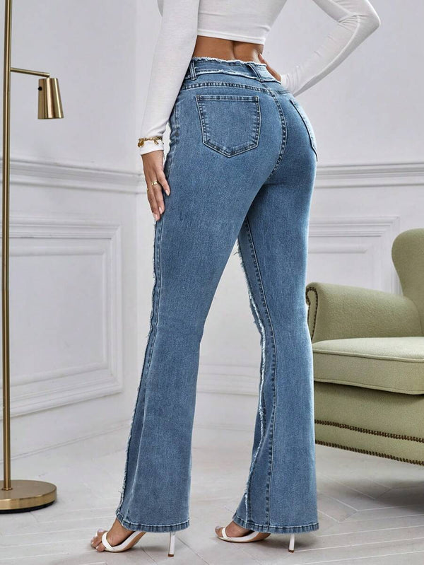 Essnce Women Casual Fringed Denim Flared Pants, Versatile For Autumn