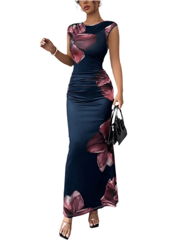 Women's Floral Print Sleeveless Bodycon Maxi Dress | Black | S–XL
