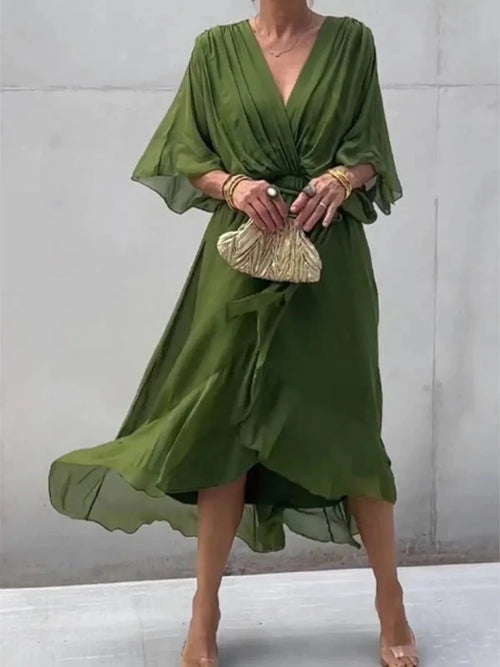 Full Size Flowy Tie Front Midi Dress with Flutter Sleeves Plus Size