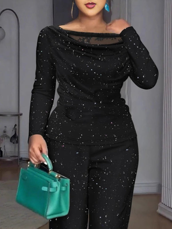 Glitter Long Sleeve Top & Pants Set – Women's Sparkle Two-Piece in Black