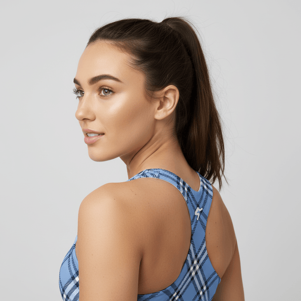 GymBum UK Highland Check Longline Sports Bra - Blue