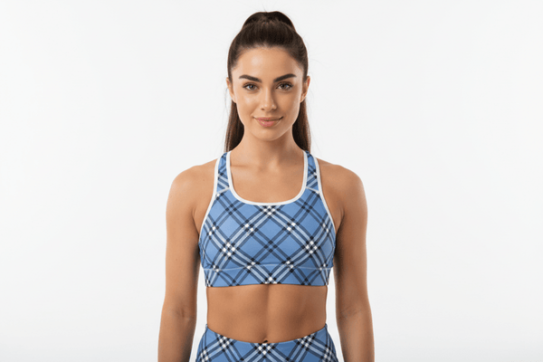 GymBum UK Highland Check Padded Sports Bra– Blue - Allen - Fitness