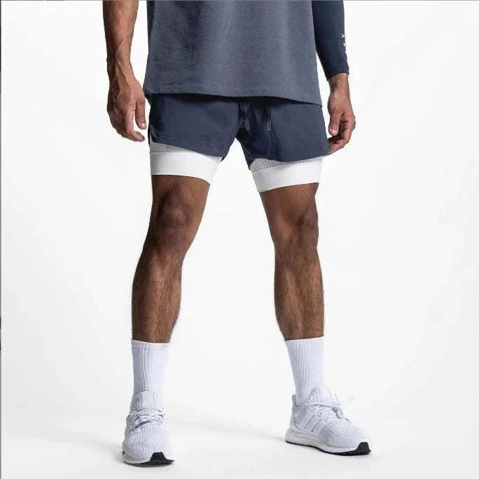 Men 2 in 1 fitness gym shorts with breathable mesh inner tights and towel loop for workout and training