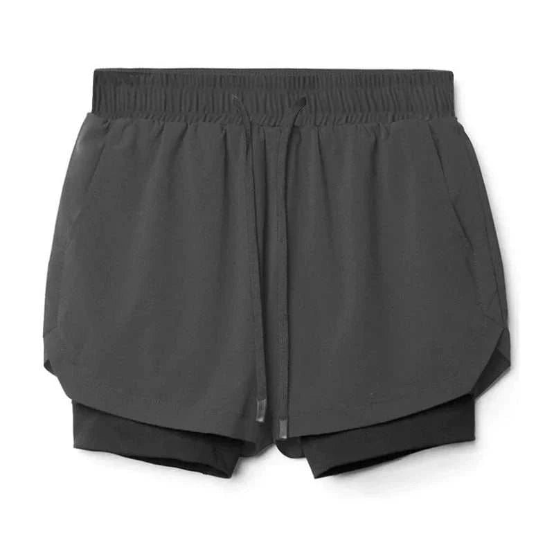 Men's black 2 in 1 fitness gym shorts with breathable mesh inner tights and towel loop for workout and training