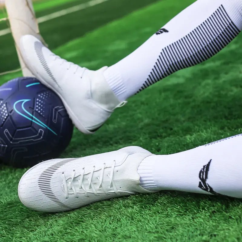 Men Cleats Football Boots High Top Soccer Sneakers Turf Futsal Outdoor Fashion White Sport Shoes - Allen - Fitness