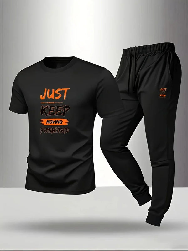 Men’s Breathable Athletic Set – White “Just Keep Moving” T-Shirt & Black Joggers - Allen-Fitness
