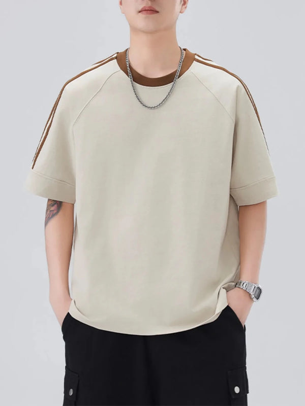 Men's Plus Size Striped Trim Casual T-Shirt – Oversized Contrast Stitch Tee
