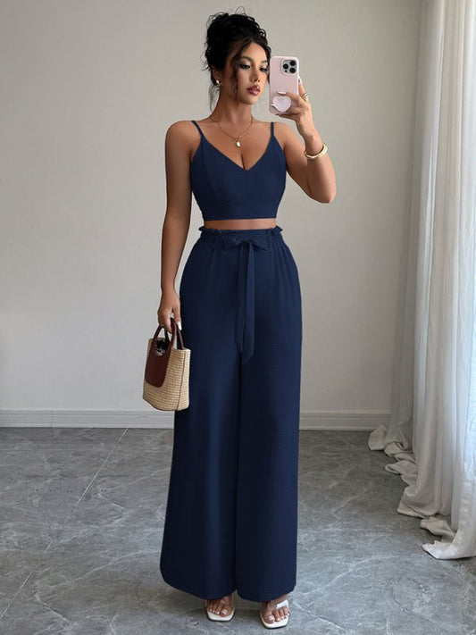 Navy Blue Suspender Vest Wide Leg Pants Two - Piece Set - Allen - Fitness