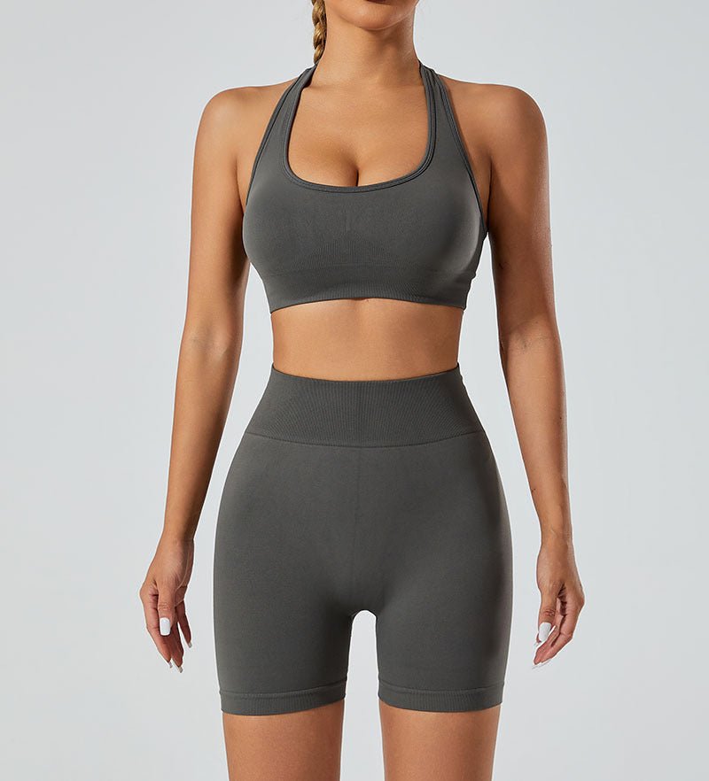 New Seamless High Elastic Yoga Shorts Halter Sports Bra Yoga Clothes Suit - Allen - Fitness
