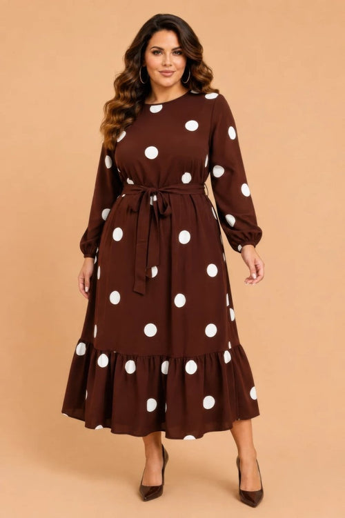 Plus Size Polka Dot Long Sleeve Ruffle Midi Dress