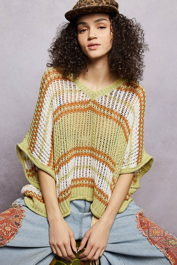 POL Openwork Lightweight Striped V-Neck Knit Top