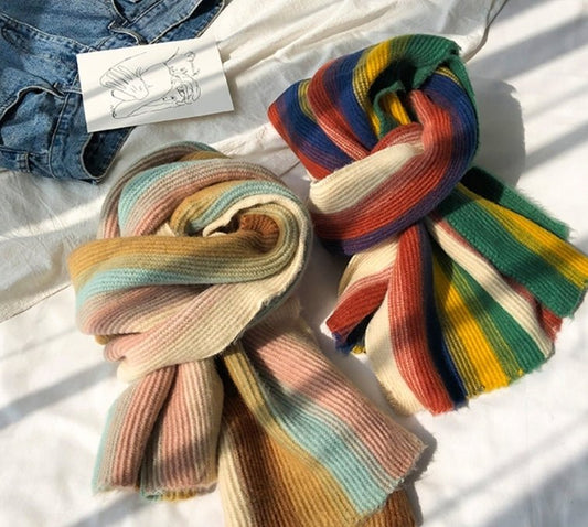 Rainbow Striped Scarf - Warm Knitted Acrylic Shawl, 180cm x 35cm, All - Match Stylish Accessory - Allen - Fitness