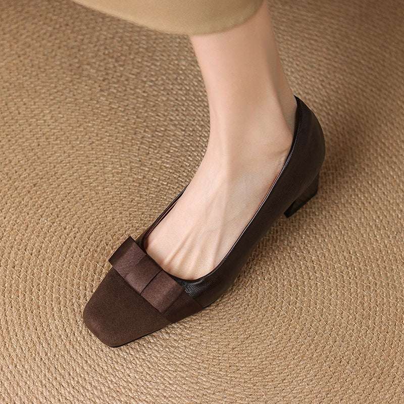 Retro Square Head Stitching Chunky Heel Pumps Women's Spring And Autumn New Bow Low - cut High Heels - Allen - Fitness