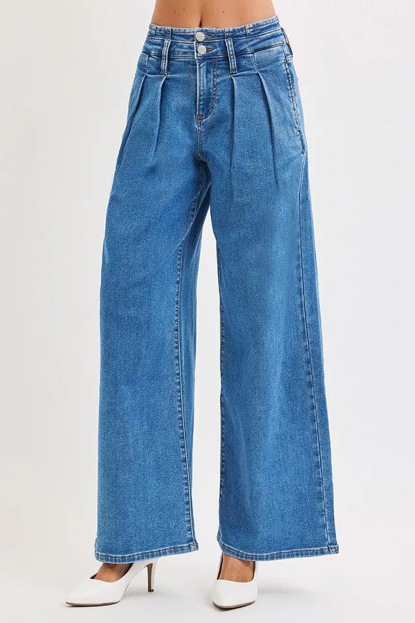RISEN Wide Leg Pleated Jeans | Mid Rise | Full Size 0–15 & 1XL–3XL | Medium Wash