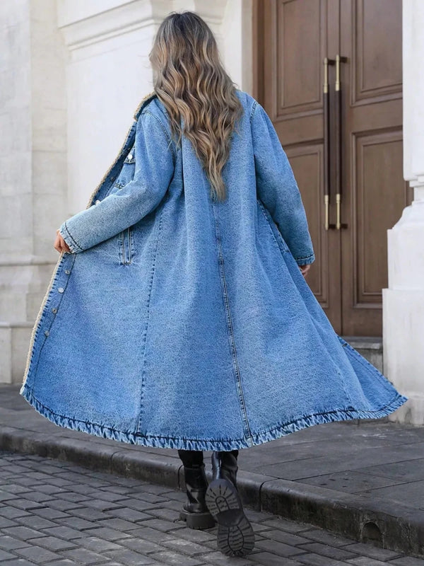 Sherpa Lined Longline Denim Jacket – Women's Cosy Longline Coat XS–L