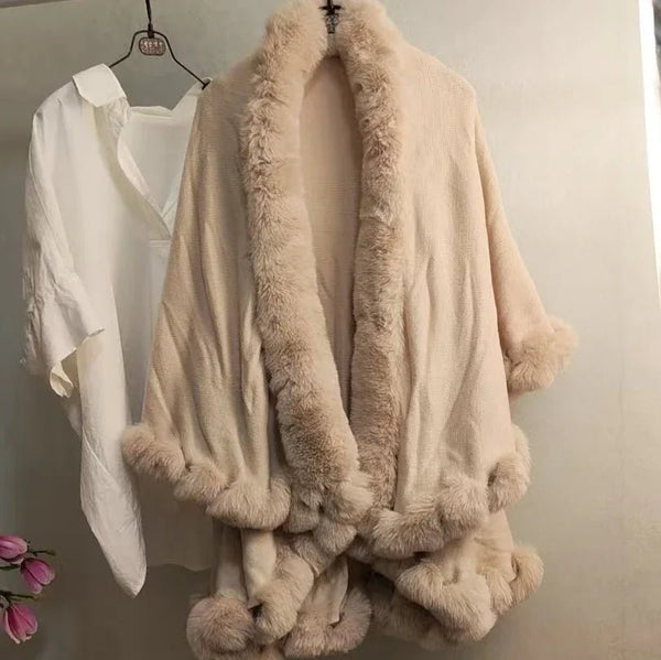 Stylish Knitted Cape For Women With Furry Collar - Warm Autumn & Winter Outerwear