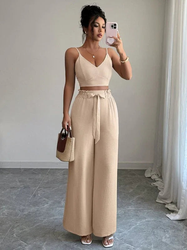 Women's Khaki Suspender Vest & Wide Leg Pants Two-Piece Set | S–XL