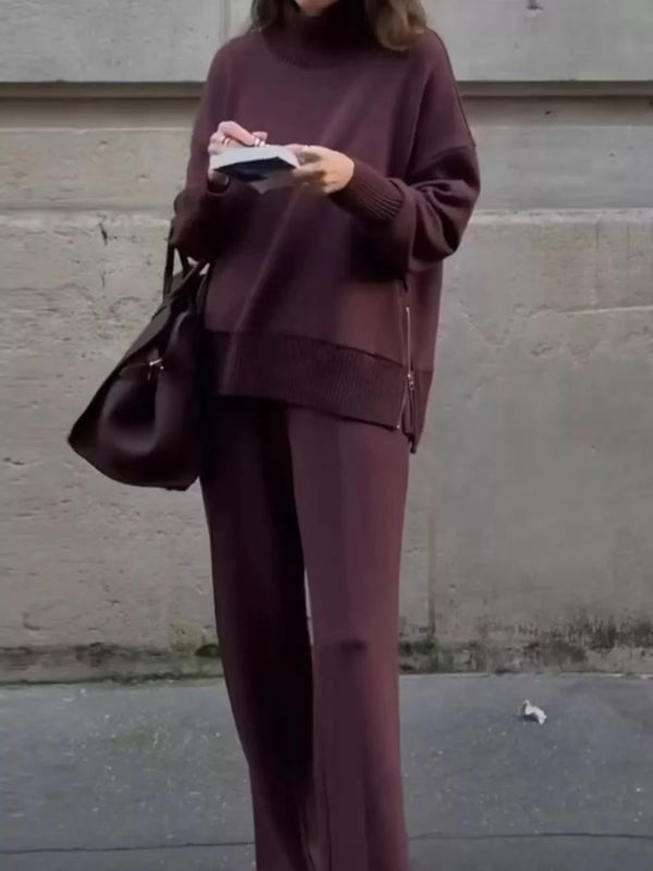 Turtleneck Side Zipper Sweatshirt and Pants Set