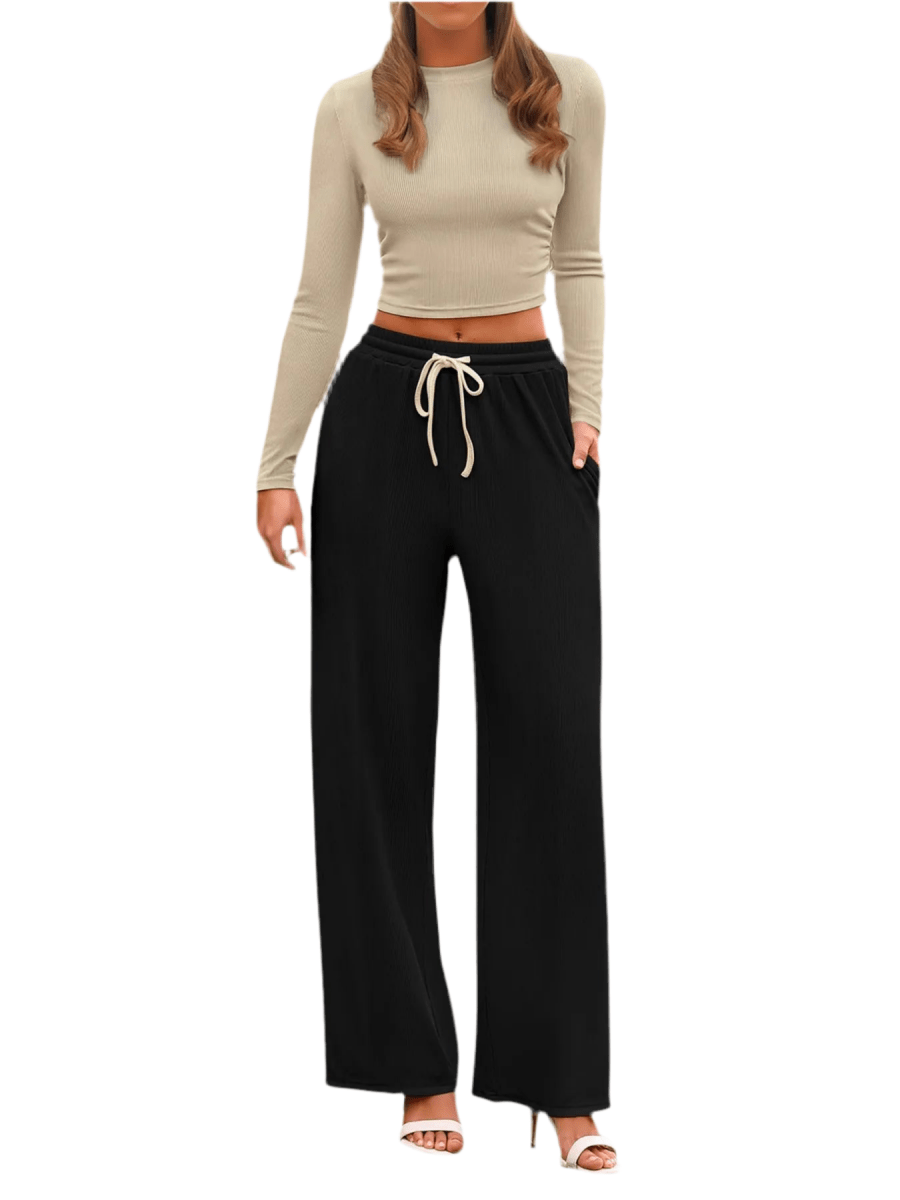 Two Piece Outfit for Lounging: Round Neck Long Sleeve Top and Soft Pants Set by Kenike - Allen - Fitness