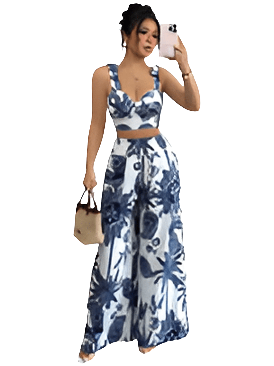 V - Neck Strap Vest and Dress Set, Loose Wide Leg Pants - Stylish Street Fashion Ensemble - Allen - Fitness