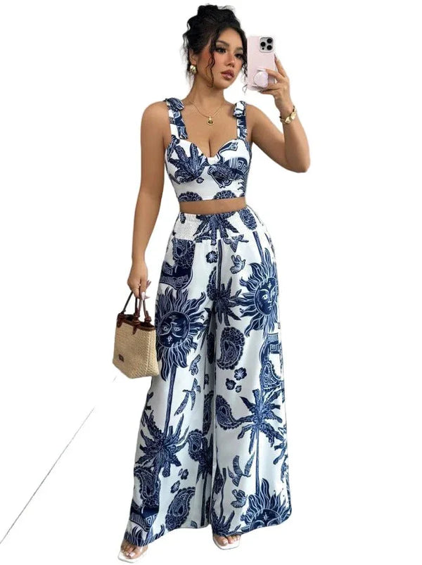 V-Neck Strap Vest and Dress Set, Loose Wide Leg Pants - Stylish Street Fashion Ensemble - Allen-Fitness