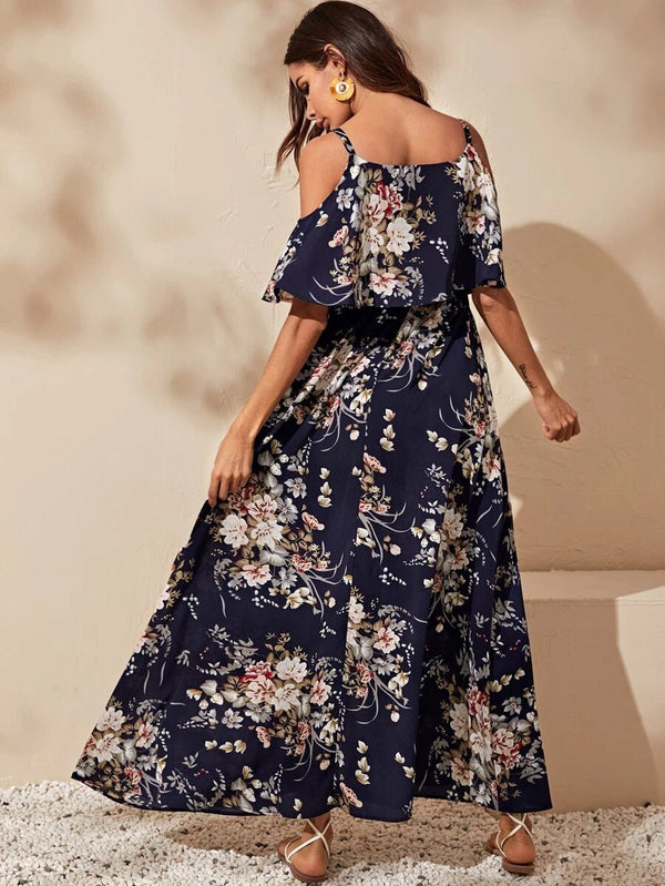 VCAY Cold Shoulder Flounce Foldover Floral Dress