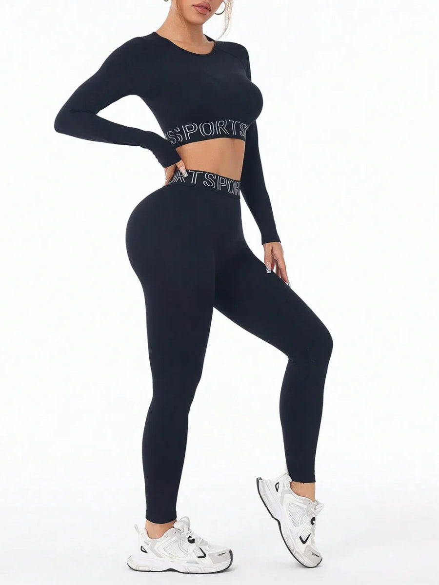 Versatile Activewear Set: Letter Print Round Neck Long Sleeve Top & Leggings for Comfort & Style - Allen - Fitness