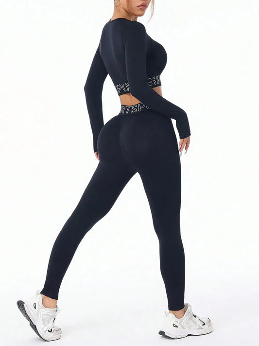 Versatile Activewear Set: Letter Print Round Neck Long Sleeve Top & Leggings for Comfort & Style - Allen - Fitness