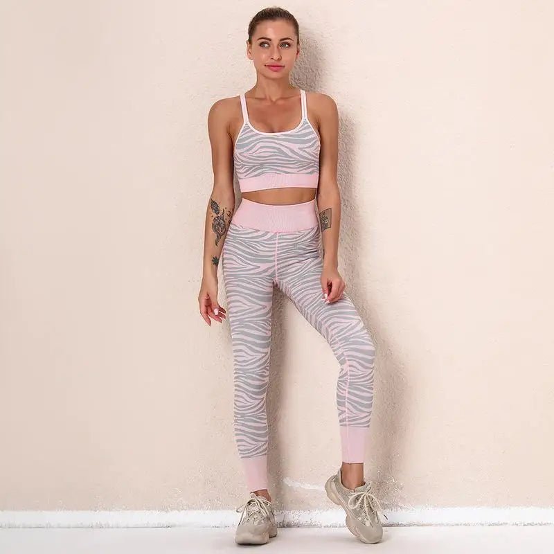 Woman tiger Stripe Print Seamless Bra Gym/Yoga Leggings Fitness Workout Set - Allen - Fitness