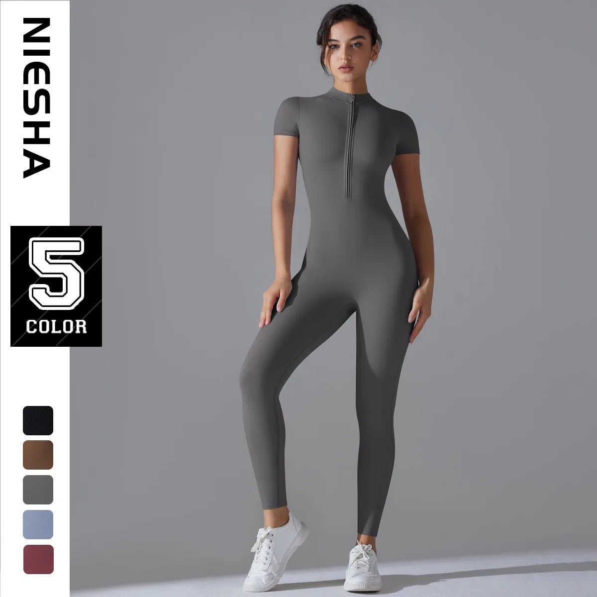Women Yoga Jumpsuit with Front Zipper – Stylish Gym Fitness Wear for Running and Workouts - Allen - Fitness