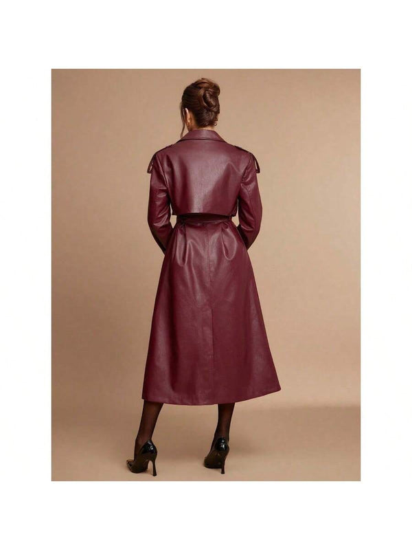 Women's Coffee Brown Casual Long Sleeve Button Collar Long Trench Coat High Quality Coat