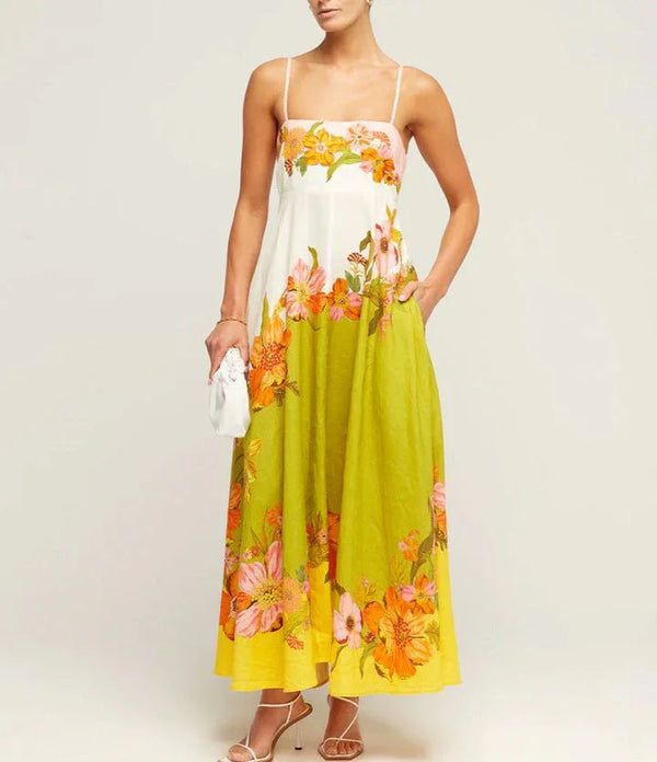 Casual Summer Dress For Women - High Waist Sleeveless Linen Swing Dress in Elegant Print - Allen-Fitness